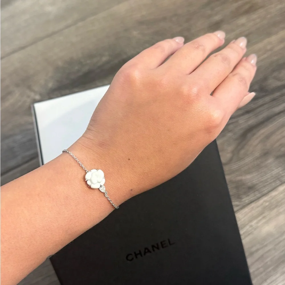 CHANEL 18K Silver Chalcedony & Diamond Camellia Bracelet - Picture 7 of 8